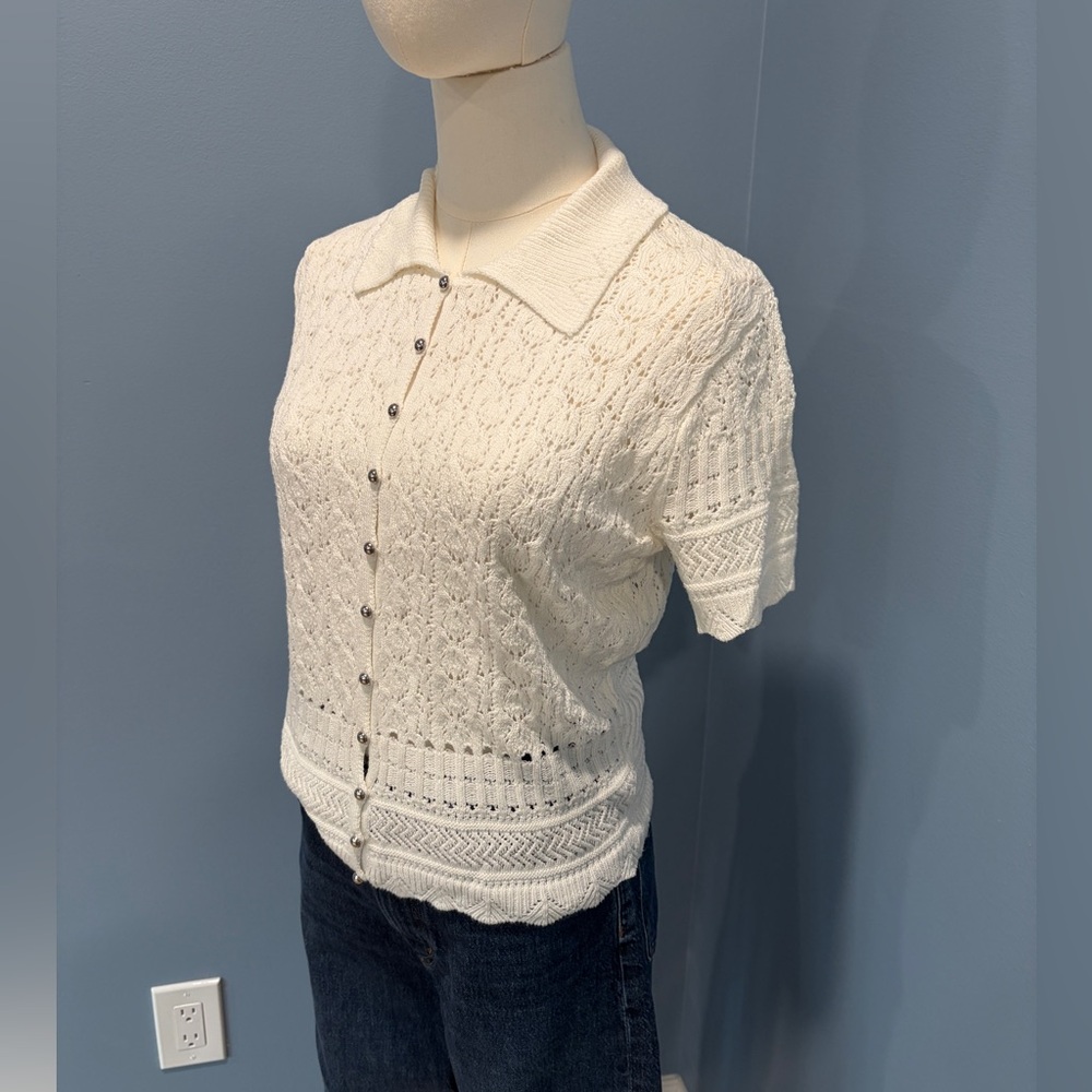 Milly & Honey Cream Knit Button Front Cardigan Polo Sweater Short Sleeve Medium